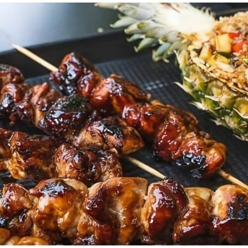 Japanese Yakitori with pineapple fried rice.