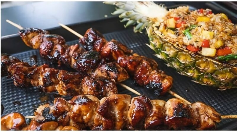Japanese Yakitori with pineapple fried rice.