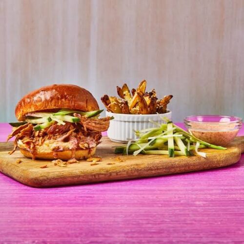 Japanese honey ginger chicken burger with Japanese mayonnaise and fried sweet potatoes