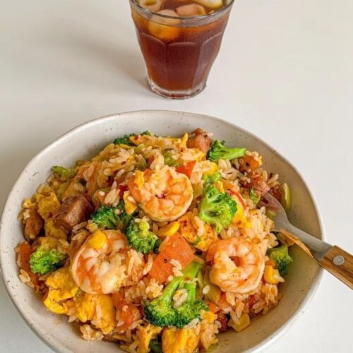 Japanese Egg Fried Rice with Yakitori or Pawns