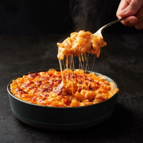 Japanese baked Mac and Cheese with mozzarella cheese.