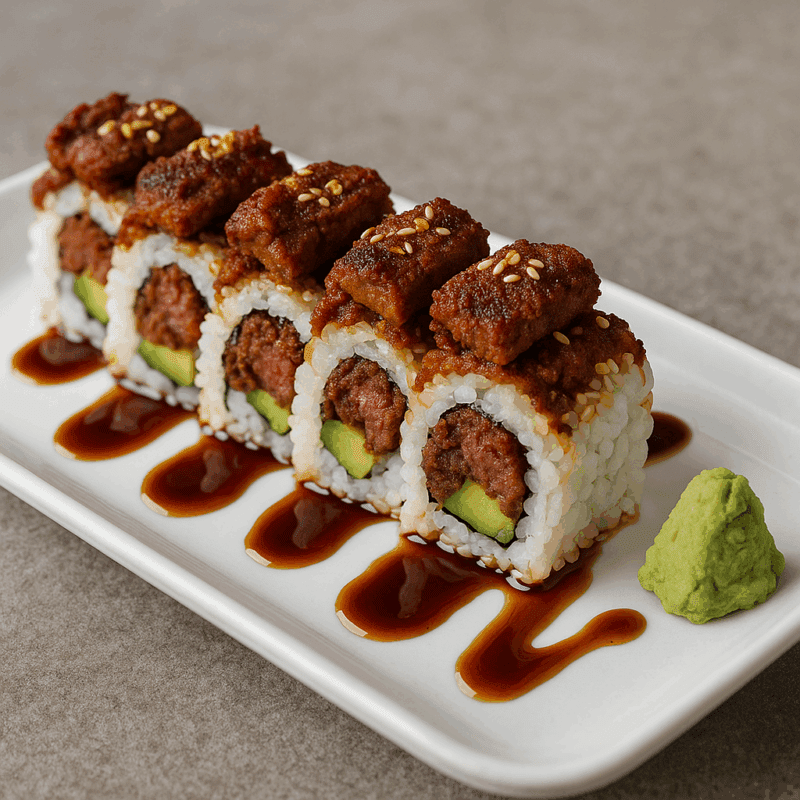 Lamb Suya roll with Wasabi and Sushi sauce
