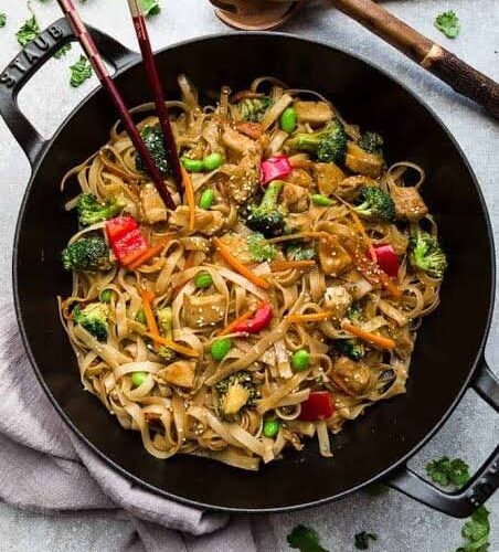 Japanese chicken
teriyaki stir fry pasta
with Japanese
vegetables