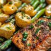 Salmon steak with asparagus and assorted vegetables