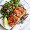Salmon steak with asparagus and assorted vegetables
