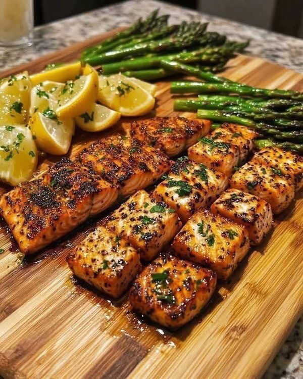 Salmon steak with asparagus and assorted vegetables