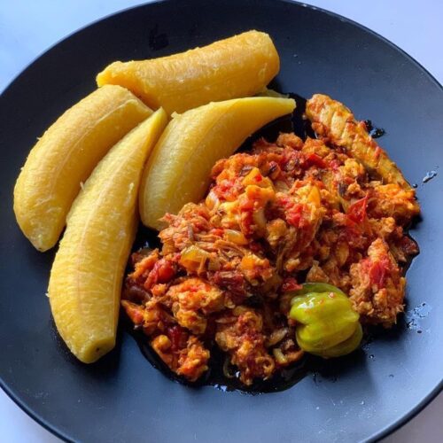 Plantain and smoked fish sauce