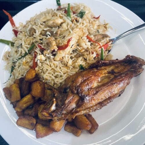 Coconut rice with chicken and plantain