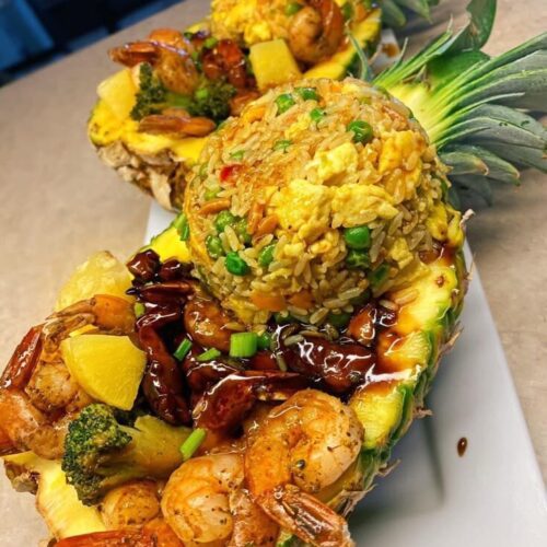 Pineapple fried rice with Prawns, Chicken and Plantain
