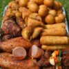 Small chops (spring rolls, samosa, beef kebab, chicken drumsticks, puff puff, moneybags)