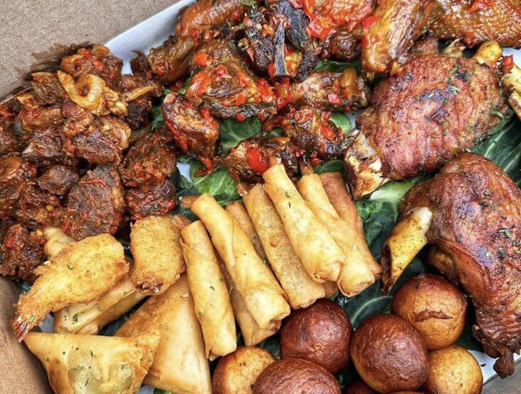 Small chops (spring rolls, samosa, beef kebab, chicken drumsticks, puff puff, moneybags)
