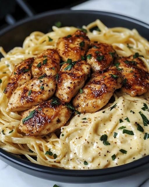 Alfredo penny pasta with lemon butter chicken