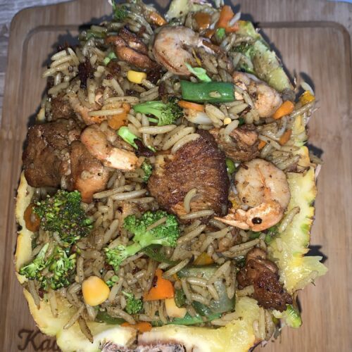 Pineapple fried rice with Prawns, Chicken and Plantain