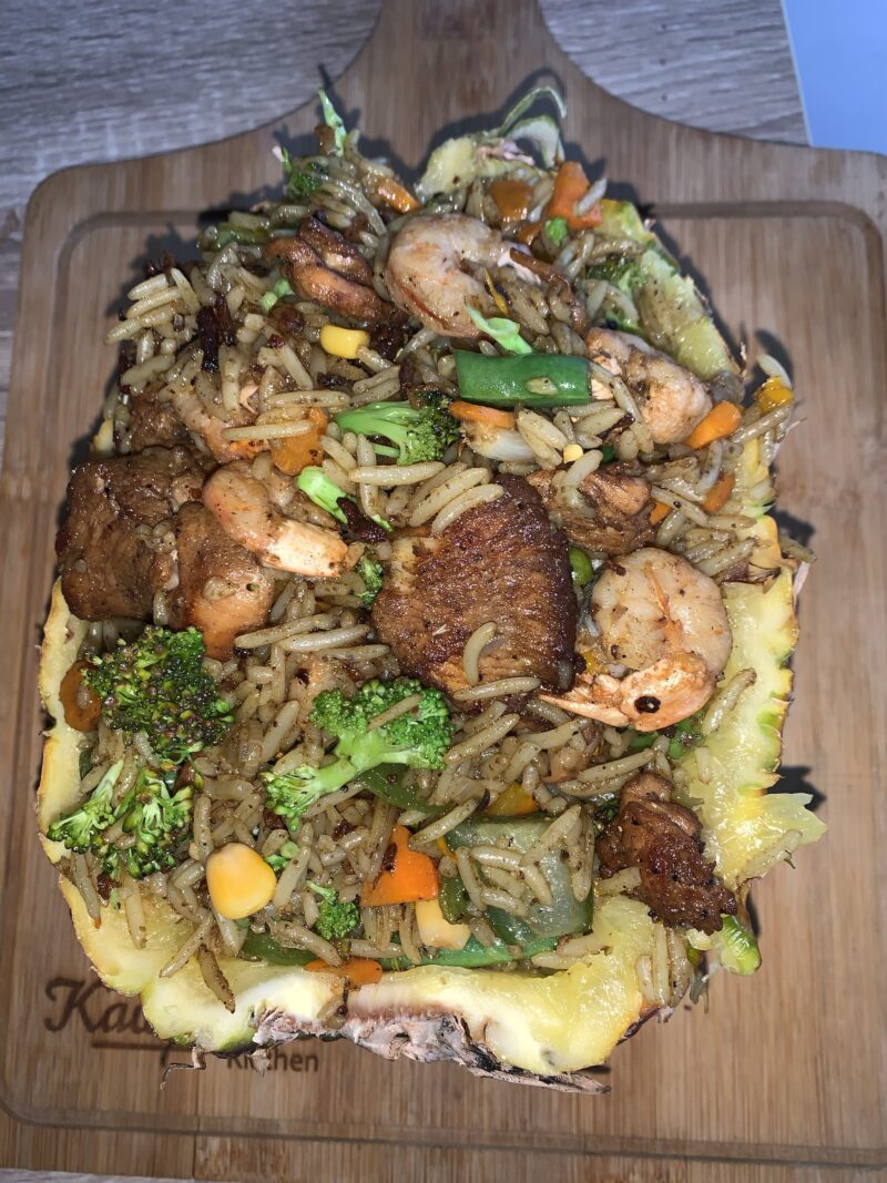 Pineapple fried rice with Prawns, Chicken and Plantain