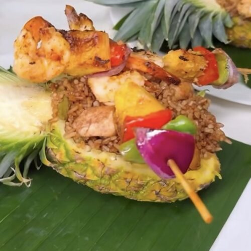 Japanese Egg Fried Rice with Yakitori or Pawns