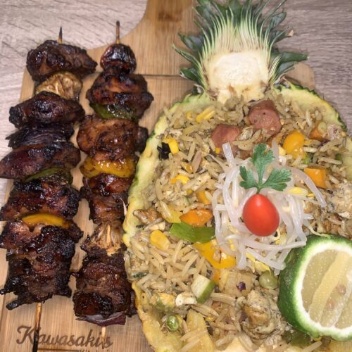 Japanese Yakitori with pineapple fried rice.
