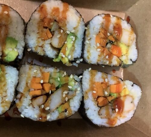 Lamb Suya roll with Wasabi and Sushi sauce