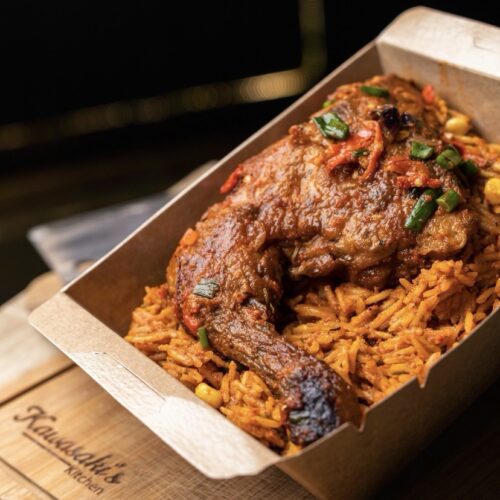 Smokey Nigerian jollof with chicken and plantains