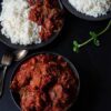 White rice and stew with chicken and plantain