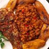 Porridge beans with fried yam or plantain with Titus fish