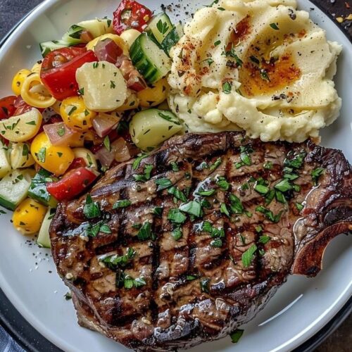 T-bone stake grilled with fresh garlic rosemary & thyme comes with potato wages and sautéed vegetables